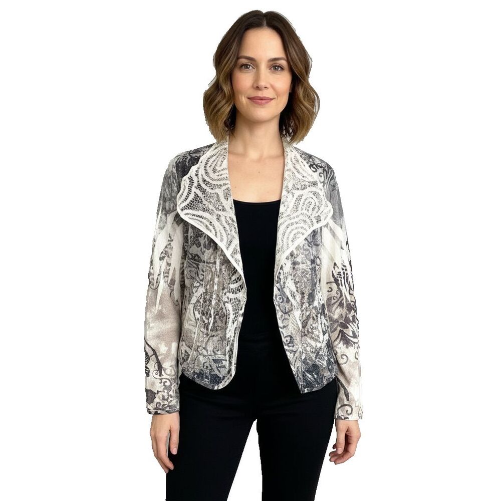 B.L.E.U. Black White Lace Short Jacket Shrug M Bling Boho Artsy Festival Goth
